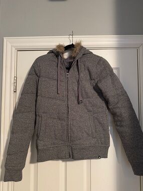 Hurley Heather Gray Quilted Hooded Jacket with Faux Fur Trim